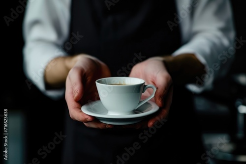 A barista in a green apron presents a freshly brewed cup of cappuccino with skillfully poured latte art on top  signifying a welcoming gesture of hospitality and expertise in coffee crafting. AI 
