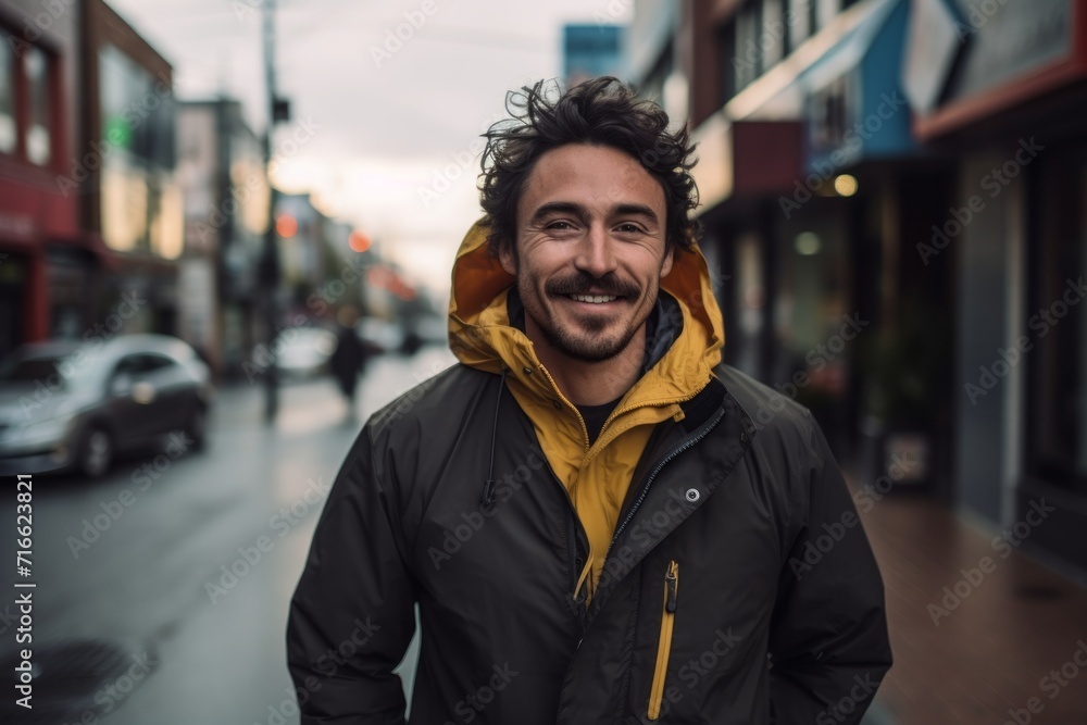 Portrait of a cheerful man in his 30s wearing a functional windbreaker against a busy urban street. AI Generation Portrait of a cheerful man in his 30s wearing a functional windbreaker against a busy urban street. AI Generation