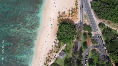 Direct overhead drone view of Waikiki Beach
