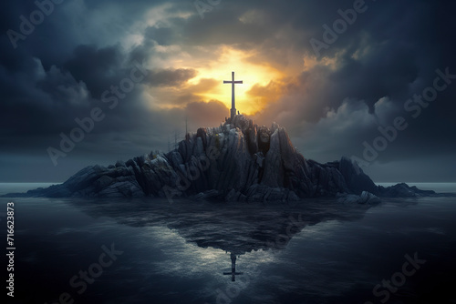 A large cross on a rocky island, surrounded by a dark, stormy sea under a dramatic sky with emerging sunlight, ai generative photo