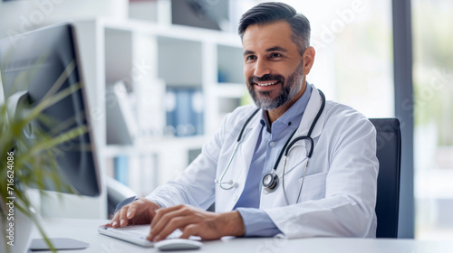 smiling, middle-aged male doctor working on a computer photo