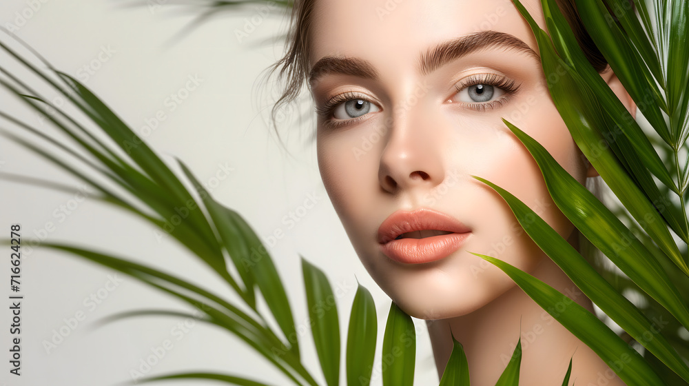 Naklejka premium Portrait of a Woman with Natural Makeup and Green Leaves