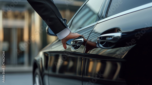 close-up view of a person in a business suit opening a black car door photo