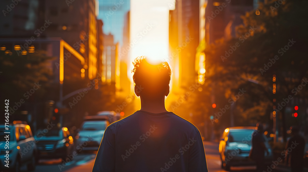 Man Silhouetted Against Sunset in Urban Cityscape Man Silhouetted Against Sunset in Urban Cityscape