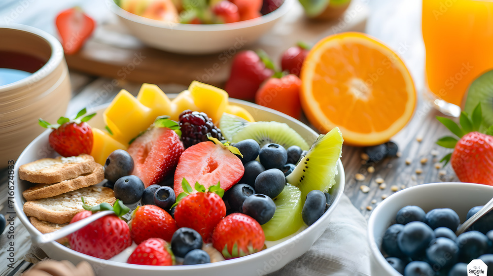 Colorful Fruit Salad Bowl with Fresh Berries and Orange Juice Colorful Fruit Salad Bowl with Fresh Berries and Orange Juice