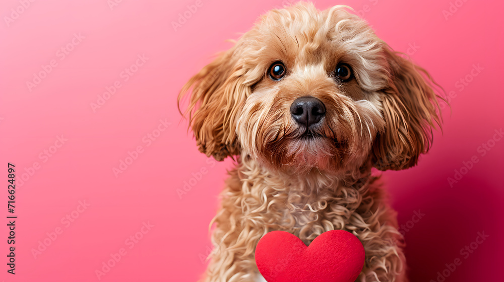 Cute Curly-Haired Dog Holding a Red Heart on Pink Background Cute Curly-Haired Dog Holding a Red Heart on Pink Background