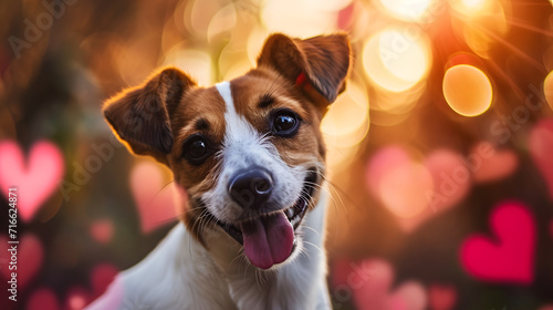 Happy Dog with Tongue Out and Heart-Shaped Bokeh Background © HappyKris