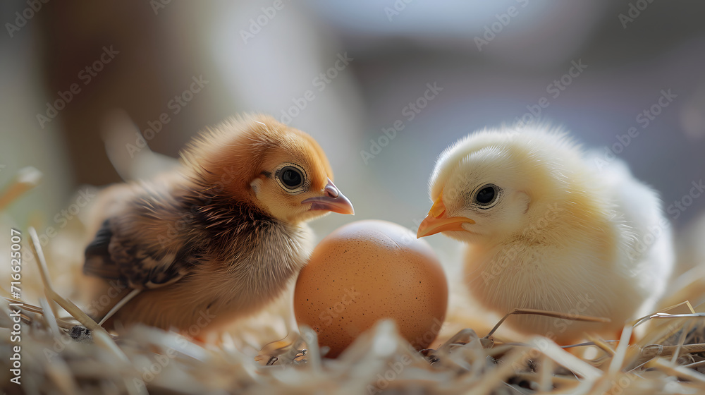 Newborn Chickens and Egg on Straw, Close-Up Farm Life Photography