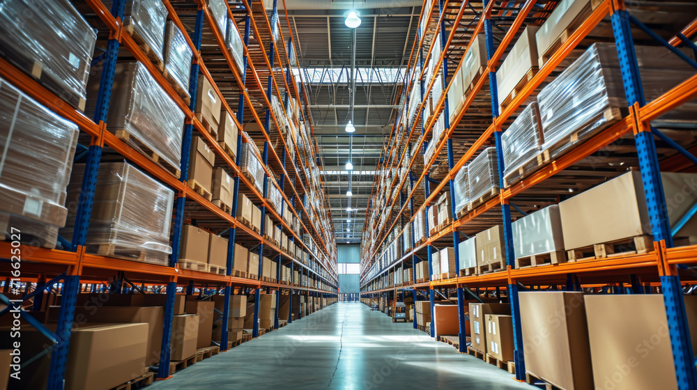 warehouse interior with tall metal shelving stacked with pallets of ...