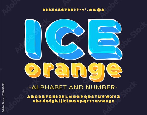 Orange juice with ice. Ice cube style font. Frozen orange juice alphabet. Set contains big and small letters, numbers and symbols. Vector illustration