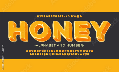The honey alphabet is similar to caramel or butterscotch. Jelly font in yellow color. Set contains big and small letters, digits and symbols. Vector illustration