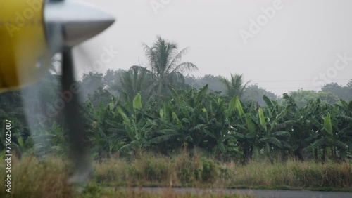 Airplane propeller against the background of palm trees