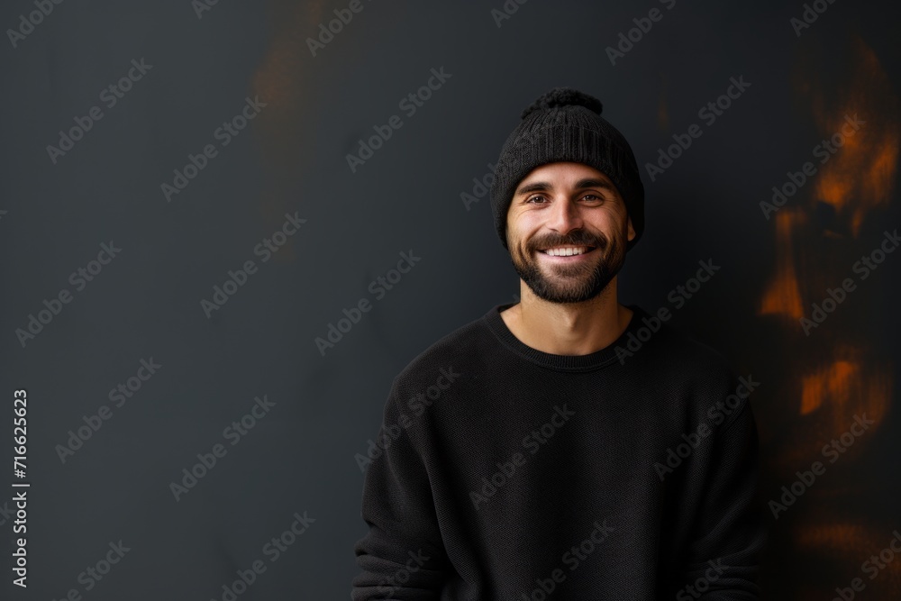 Portrait of a jovial man in his 30s sporting a trendy beanie against a modern minimalist interior. AI Generation Portrait of a jovial man in his 30s sporting a trendy beanie against a modern minimalist interior. AI Generation