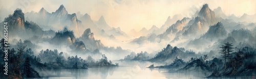 Chinese watercolor painting on wash paper with mountain, fog and trees