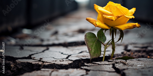  A single yellow rose growing out of the crack ground on a street background 