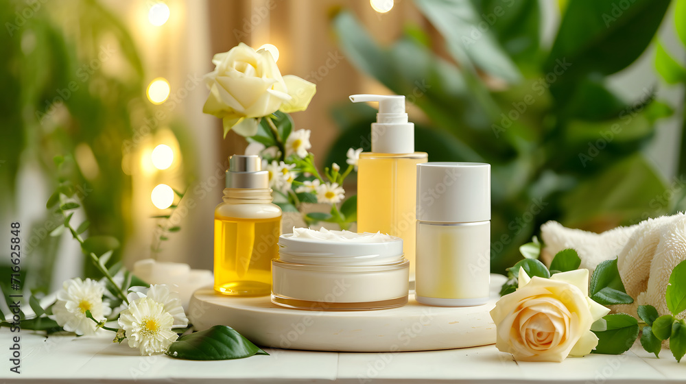 Luxury Skincare Essentials with Natural Flowers Spa Setting