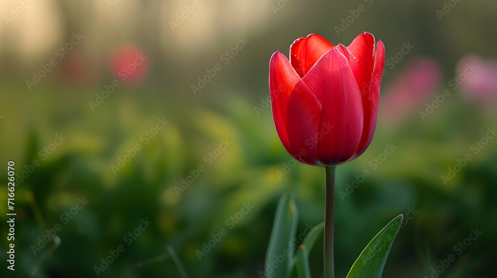 Single Red Tulip Bloom in Soft Focus Spring Garden Single Red Tulip Bloom in Soft Focus Spring Garden