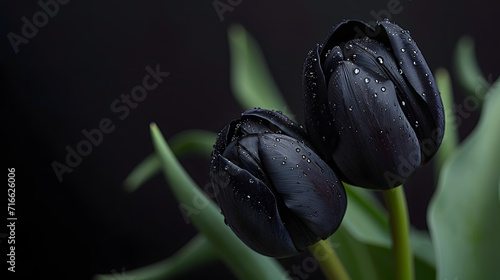 Elegant Black Tulips with Dew Drops Dark Floral Elegance