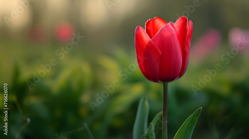 Single Red Tulip Bloom in Soft Focus Spring Garden
