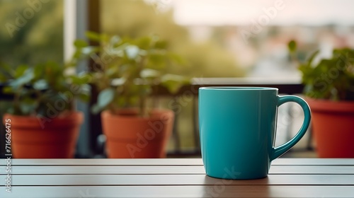Balcony View of a turquoise Mug on a wooden Table. Close up with a blurred Background