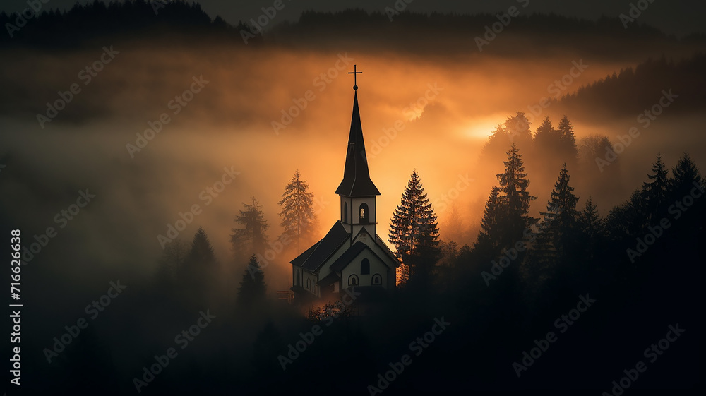 Fototapeta premium church in the night fog in the European mountains landscape panoramic view