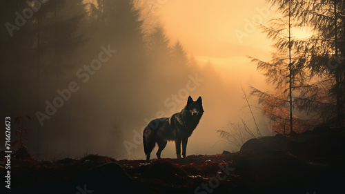 silhouette of a wolf in a misty autumn forest landscape view of wildlife