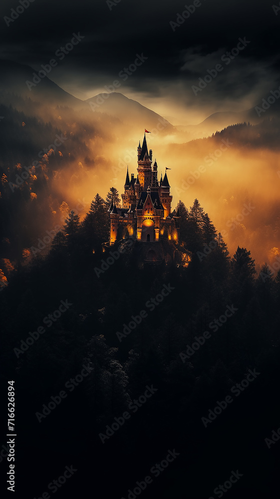 Naklejka premium vertical frame, view of the ancient European medieval castle of the princess from the fairy tale in the mountains in the forest and fog landscape