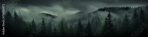 a long narrow panorama of a coniferous northern forest in the fog of an autumn day, a landscape of wildlife photo