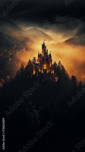vertical frame  view of the ancient European medieval castle of the princess from the fairy tale in the mountains in the forest and fog landscape