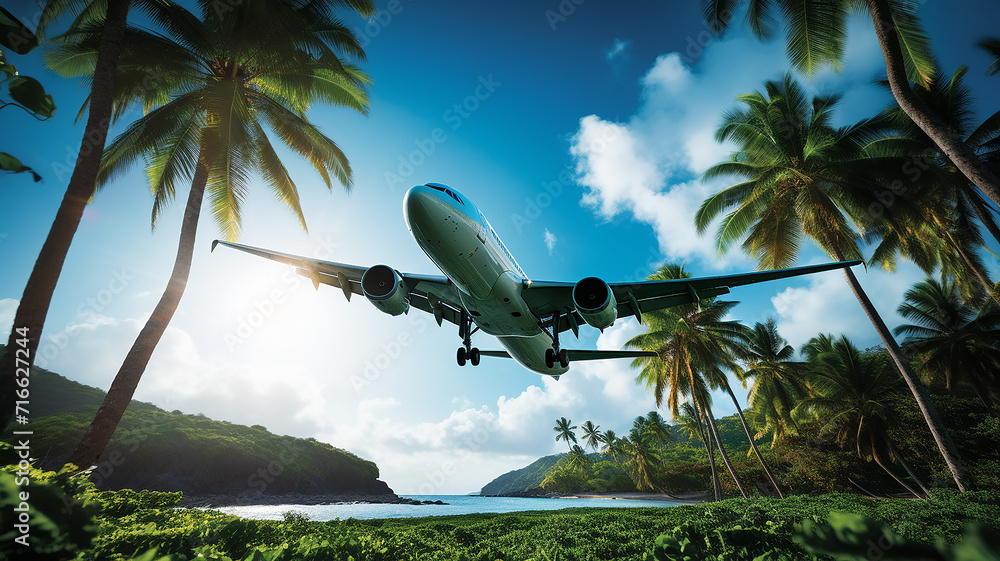 passenger plane takes off from an exotic tropical airfield between palm trees, rest in the warmth of tourism passenger plane takes off from an exotic tropical airfield between palm trees, rest in the warmth of tourism