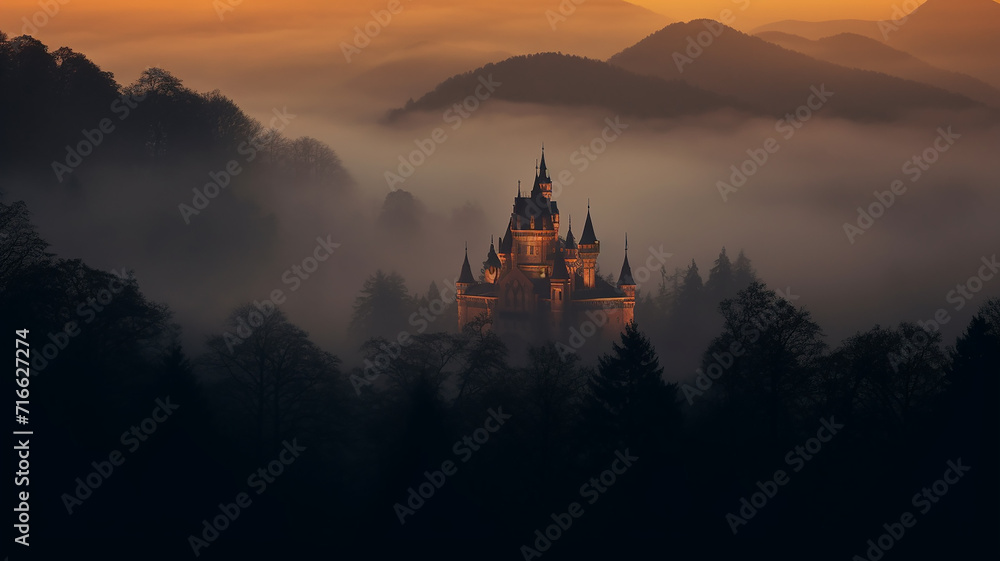 misty landscape in autumn mountains lighting, medieval princess castle glows in the night landscape among the clouds - obrazy, fototapety, plakaty 