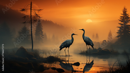 silhouettes of cranes in autumn fog, wildlife landscape sunrise © kichigin19