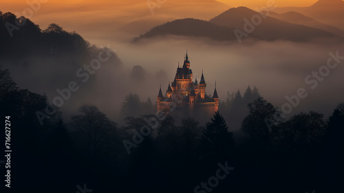 misty landscape in autumn mountains lighting, medieval princess castle glows in the night landscape among the clouds photo