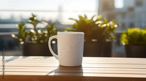 Balcony View of a white Mug on a wooden Table. Close up with a blurred Background