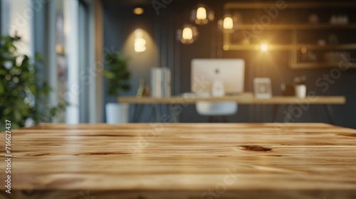 An empty wooden table top with a blurred modern office space background  featuring glass walls and a bright  airy atmosphere  suitable for product display or as a clean  minimalist workspace setting. 