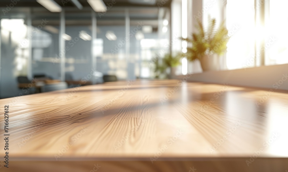 An empty wooden table top with a blurred modern office space background, featuring glass walls and a bright, airy atmosphere, suitable for product display or as a clean, minimalist workspace setting. An empty wooden table top with a blurred modern office space background, featuring glass walls and a bright, airy atmosphere, suitable for product display or as a clean, minimalist workspace setting.