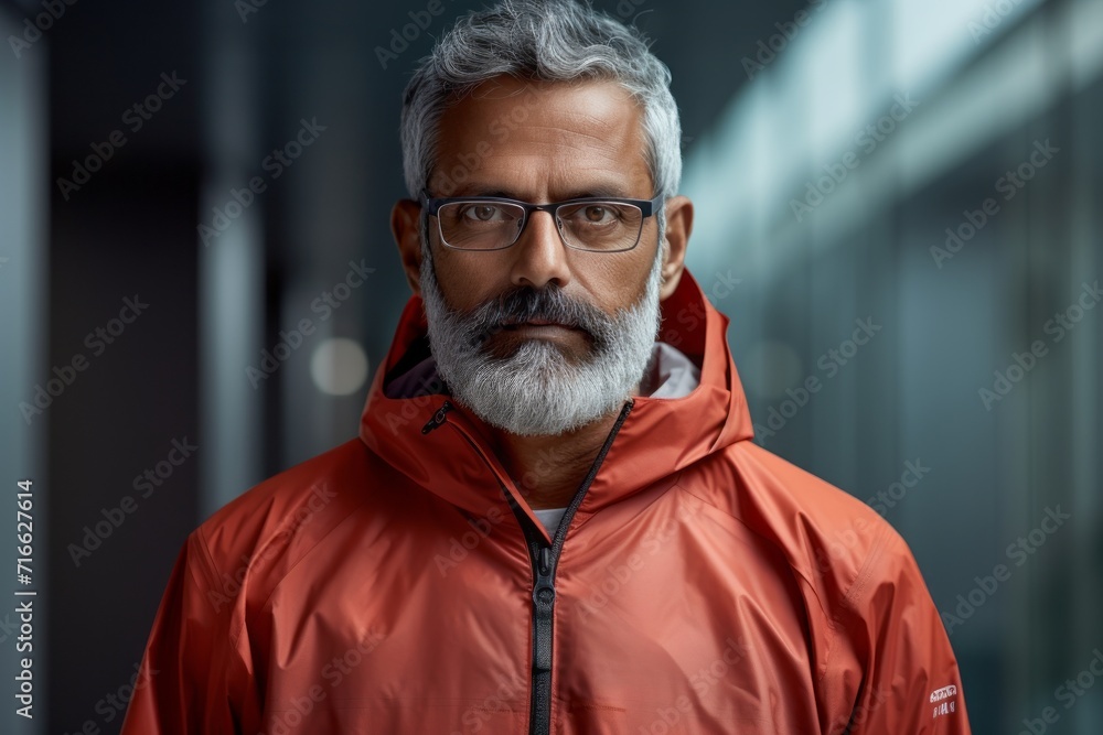 Obraz premium Portrait of a content indian man in his 50s wearing a functional windbreaker against a modern minimalist interior. AI Generation