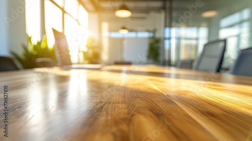 Wallpaper Mural An empty wooden table top with a blurred modern office space background, featuring glass walls and a bright, airy atmosphere, suitable for product display or as a clean, minimalist workspace setting.  Torontodigital.ca