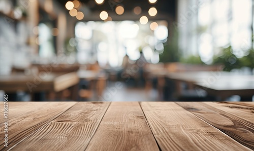 An empty wooden table top with a blurred modern office space background, featuring glass walls and a bright, airy atmosphere, suitable for product display or as a clean, minimalist workspace setting.  photo