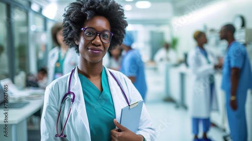 Smiling female doctor wearing a white lab coat with a stethoscope around her neck, holding a clipboard, standing in a busy hospital corridor with blurred healthcare professionals in the background. photo