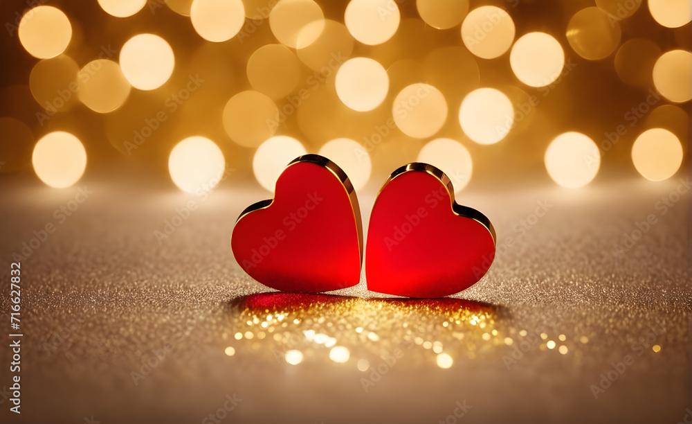 Two small red heart on a sparkling gold background, Valentine's Day, Christmas. Generative AI Two small red heart on a sparkling gold background, Valentine's Day, Christmas. Generative AI