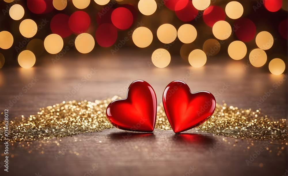 Two small red heart on a sparkling gold background, Valentine's Day, Christmas. Generative AI