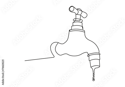 faucet drop of water in continuous line art drawing style. Mixer tap with water drop black linear sketch isolated on white background. Vector illustration
