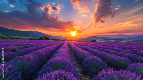 A beautiful lavender field during sunset, a serene and peaceful atmosphere