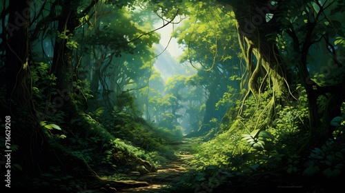 A lush tropical rainforest with towering trees wrapped in vines  Bright overhead sunlight filtering through the dense canopy  Vibrant shades of minty greens  Hazy air perspective  Extremely detailed r