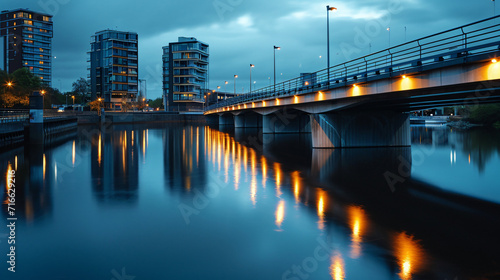 A bridge over a river in an urban landscape at twilight. © Thomas