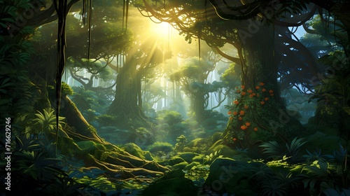 A lush tropical rainforest with towering trees wrapped in vines, Bright overhead sunlight filtering through the dense canopy, Vibrant shades of minty greens, Hazy air perspective, Extremely detailed r © Ziyan