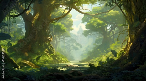 A lush tropical rainforest with towering trees wrapped in vines, Bright overhead sunlight filtering through the dense canopy, Vibrant shades of minty greens, Hazy air perspective, Extremely detailed r © Ziyan