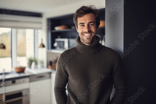 Portrait of a smiling man in his 20s wearing a classic turtleneck sweater against a modern minimalist interior. AI Generation