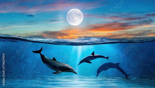 Background of amazing crescent full moon over the sea and dolphins under the sea